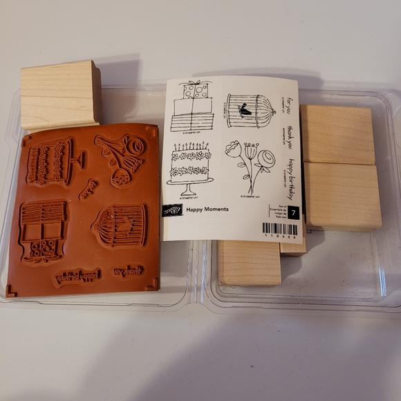 Stampin' Up "Happy Moments" 7 Wood Unmounted Rubber Stamps New - Picture 1 of 5